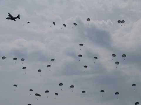 Parachute drop Sainte Mere Eglise, Normandy